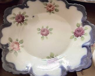 Antique flow blue rose porcelain serving bowl