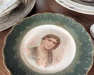 Antique portrait cabinet plate with green and gold border