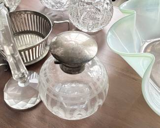 Cut glass vanity jars with sterling lids and silver spooner