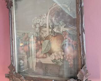 Antique carved oak leaf frame with fruit still life print