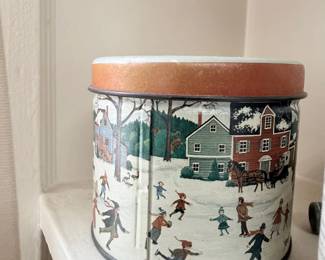 Vintage winter skating scene lithographed tin canister