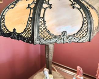 Antique slag glass panel lamp shade with ornate filigree