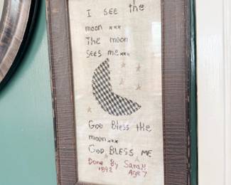 Antique 1912 framed moon sampler, signed Sarah age 7
