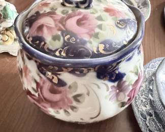 Antique hand-painted rose porcelain covered sugar bowl