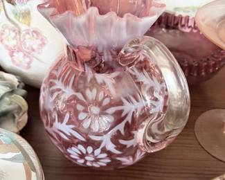 Antique cranberry opalescent daisy and fern glass vase