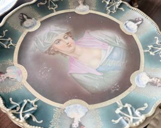 Antique hand-painted portrait cabinet plate, teal and gold