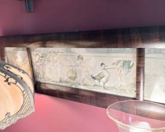Antique carved wood wall shelf with relief panel