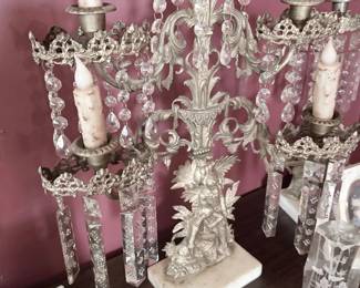 Victorian marble base girandole candelabra set, three pieces