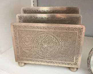 Antique engraved brass footed letter holder box
