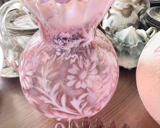 Antique pink opalescent art glass ruffled vase