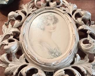 Ornate carved openwork frame with Victorian lady portrait