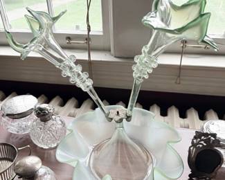 Antique vaseline opalescent glass epergne with trumpet vases