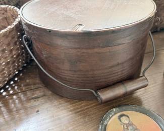 Antique wood firkin bucket with bail handle and lid