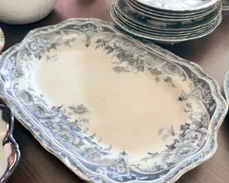 Antique flow blue transferware platter and plates
