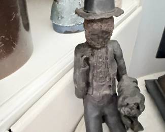Antique cast iron figural bank, man in top hat with dog