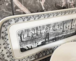 Antique black transferware platter with pastoral scene
