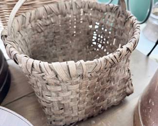 Antique woven splint basket with wire bail handle