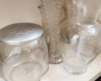 Vintage glass vases and apothecary jar, three pieces