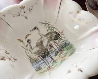 Antique hand-painted heron scene porcelain serving dish