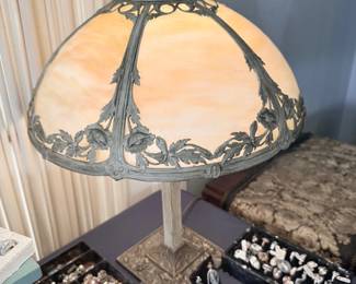 Antique slag glass panel table lamp with filigree overlay