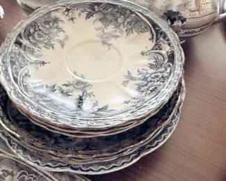 Antique brown transferware plates and tea service