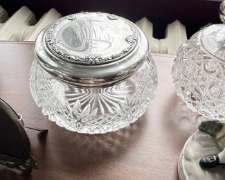 Antique cut glass powder jar with sterling silver lid