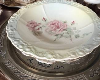 Antique hand-painted rose porcelain cake plate on silver tray