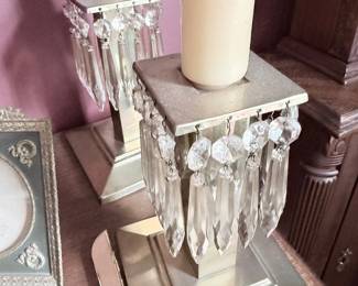 Victorian marble base girandole candlesticks with crystal prisms