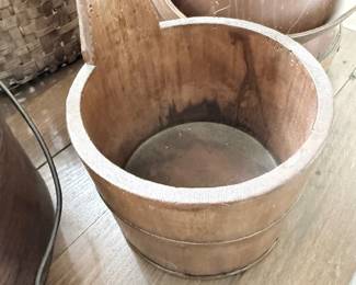 Antique wood firkin buckets, stacked set