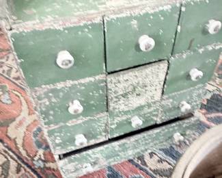 Antique green painted primitive multi-drawer chest