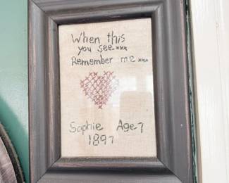 Antique 1897 framed cross-stitch sampler, signed Sophie age 7