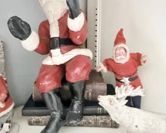 Vintage chalkware Santa figures with reindeer and elf