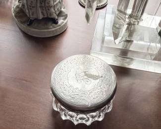 Sterling silver engraved dresser jar with cut glass base