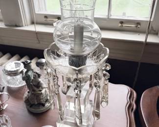 Antique cut crystal hurricane lamp with prisms