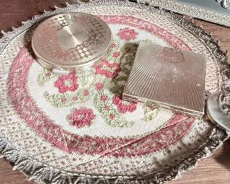 Sterling silver dresser jar and vanity tray with lace doily