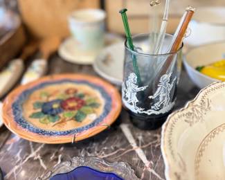 Cobalt glass plate, folk art bowl, and swizzle sticks
