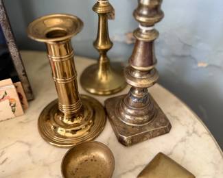 Antique brass candlesticks and brass boxes