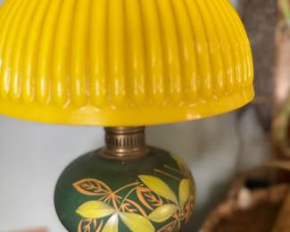 Antique oil lamp, yellow cased glass shade