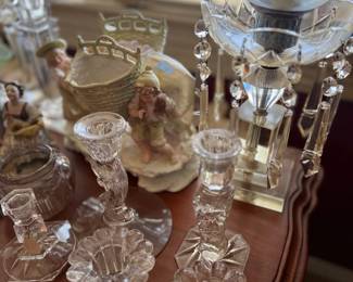 Crystal candlesticks and glass lustre lamp