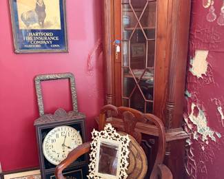 Hartford Fire Insurance stag sign and corner curio cabinet