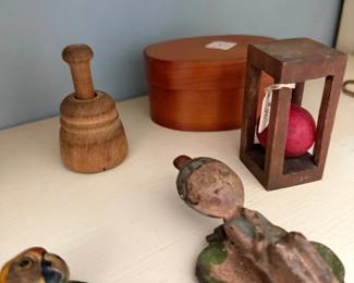 Primitive wood masher, pantry box, and bird carvings