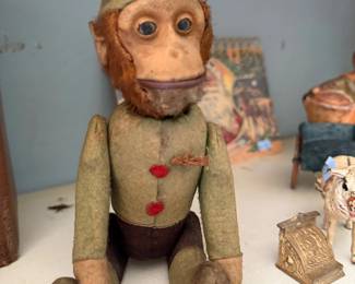 Antique jointed mohair monkey toy, glass eyes