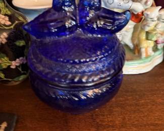 Cobalt blue glass covered dish with bird finial