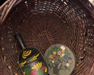 Tole painted scoop and folk art in basket