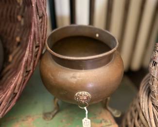 Antique copper footed cauldron pot