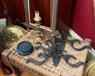 Primitive bench, wrought iron hooks, brass candlestick