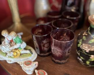 Ruby cut glasses, porcelain figurine, decorative items