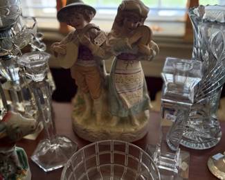 Bisque courting couple figurine and cut crystal