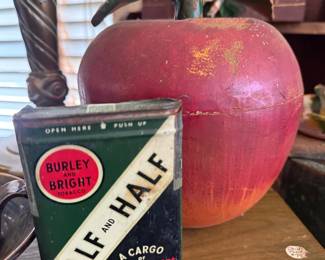 Half and Half tobacco tin and carved wood apple
