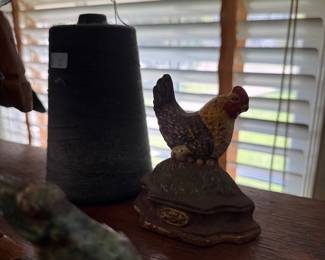 Cast iron rooster bank and stoneware cone jug